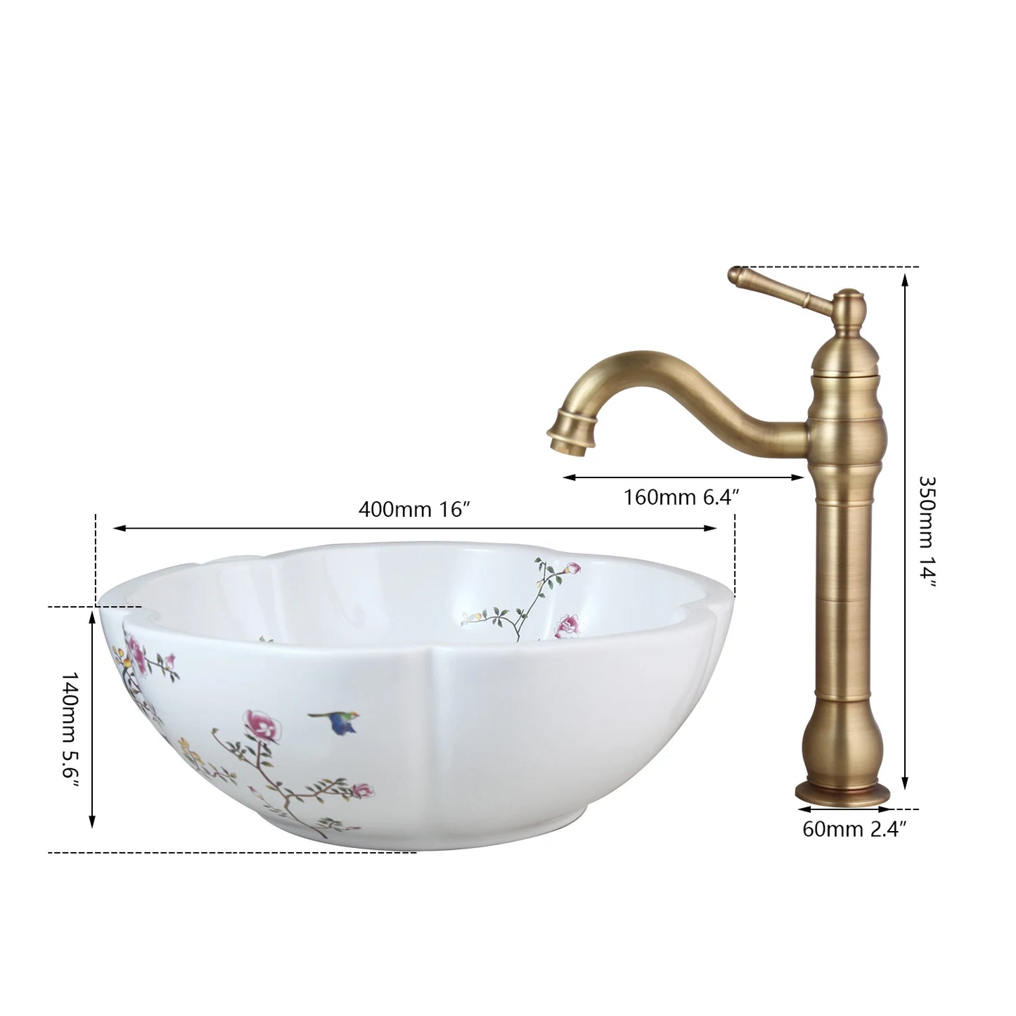 Porcelain Ceramic Sink, Above Counter, Flower Bird Pattern