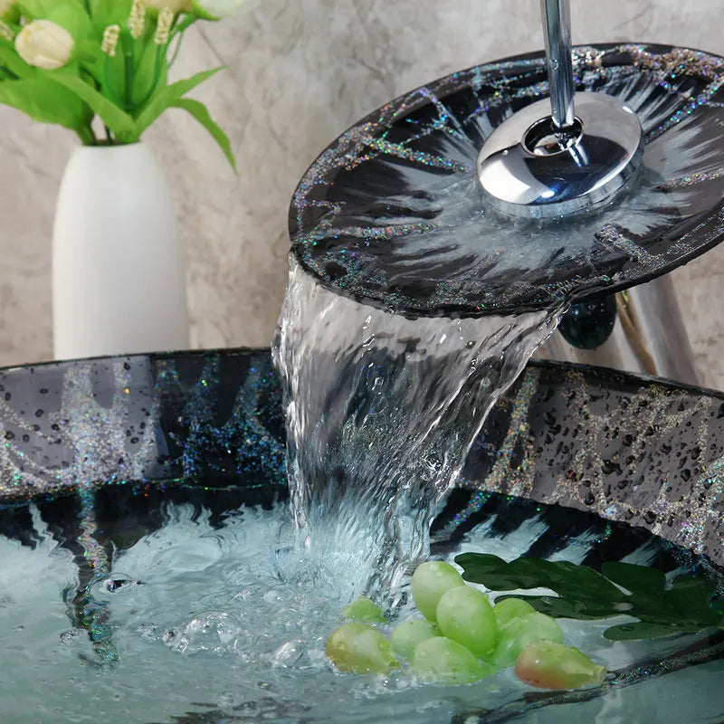 Hand-Painted Tempered Glass Round Bathroom Sink, Brass Set Faucet