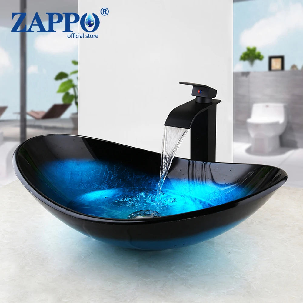 Oval Blue Tempered Glass Sink, Waterfall Black Faucet Tap, Above Counter Basin