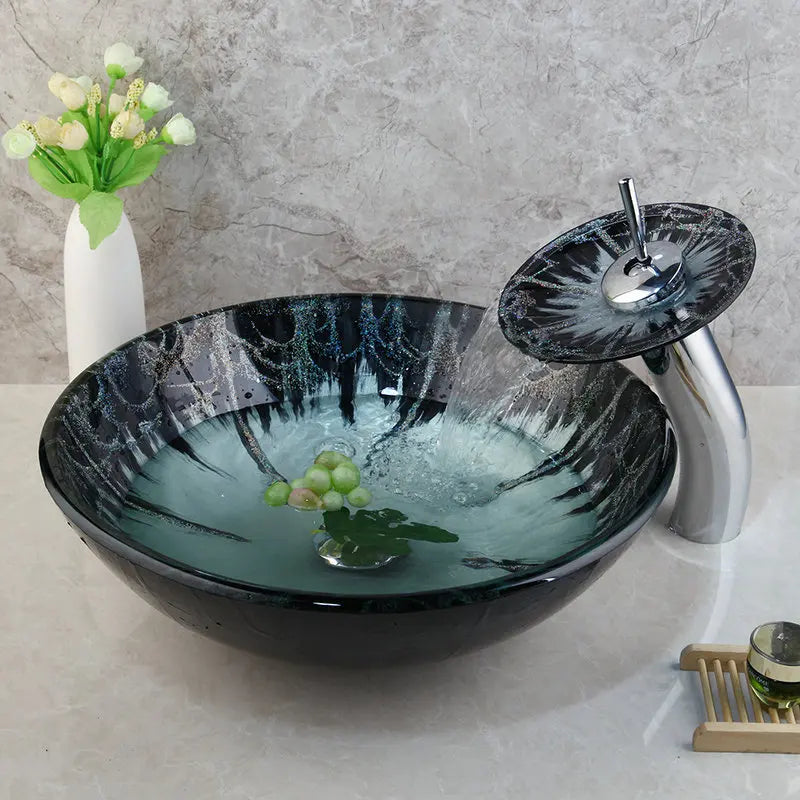 Hand-Painted Tempered Glass Round Bathroom Sink, Brass Set Faucet