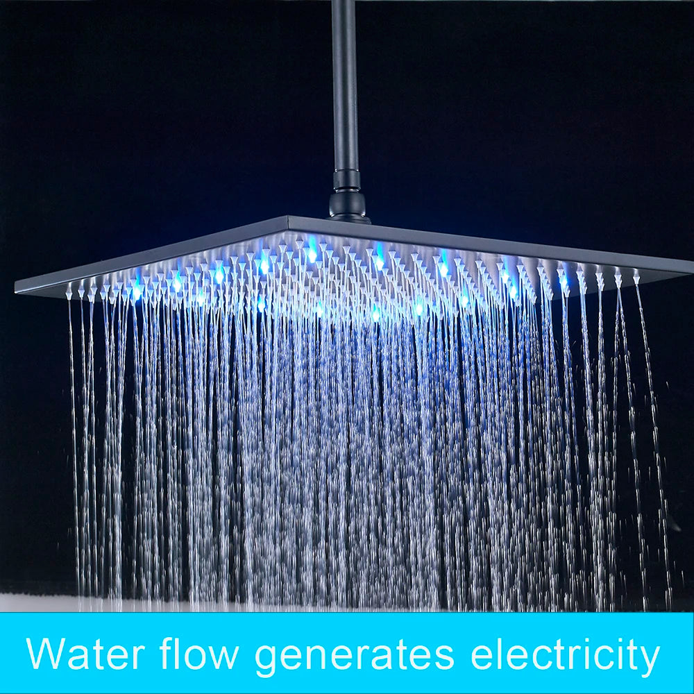 16" Large Black Rainfall Shower Head, Square, Brass, Color Changing