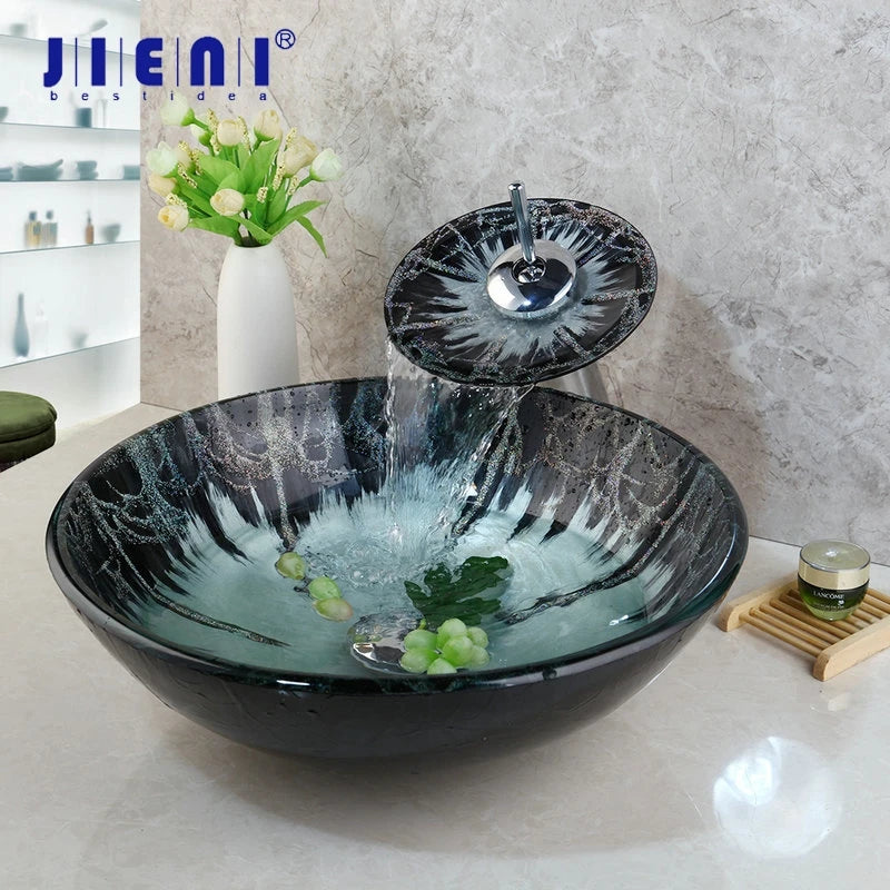 Hand-Painted Tempered Glass Round Bathroom Sink, Brass Set Faucet