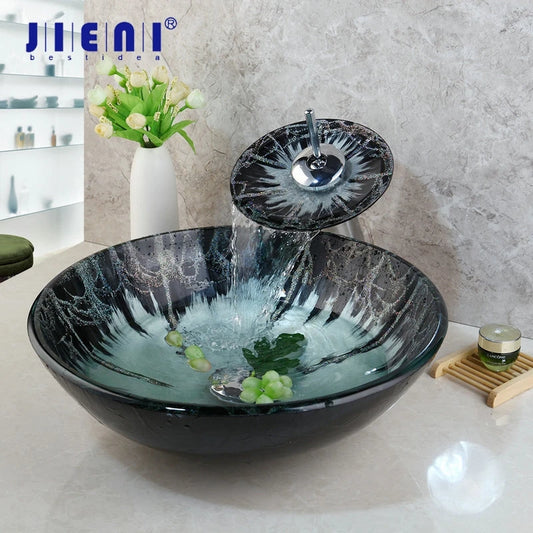 Hand-Painted Tempered Glass Round Bathroom Sink, Brass Set Faucet