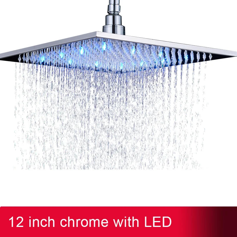 16" Large Black Rainfall Shower Head, Square, Brass, Color Changing