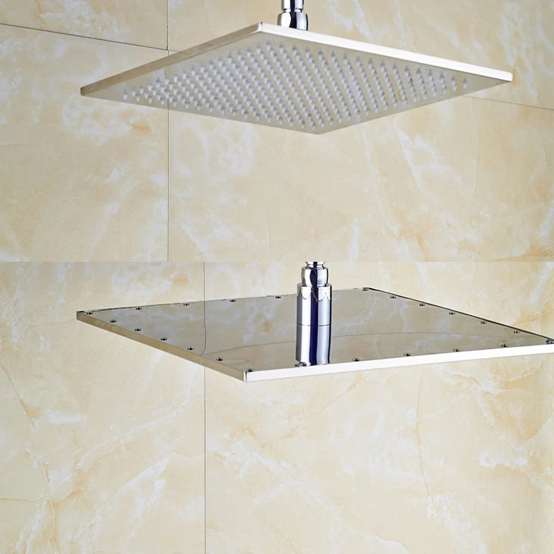 16" Large Black Rainfall Shower Head, Square, Brass, Color Changing