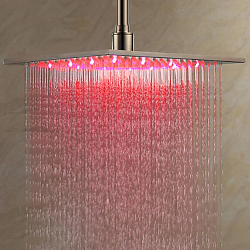 16" Large Black Rainfall Shower Head, Square, Brass, Color Changing