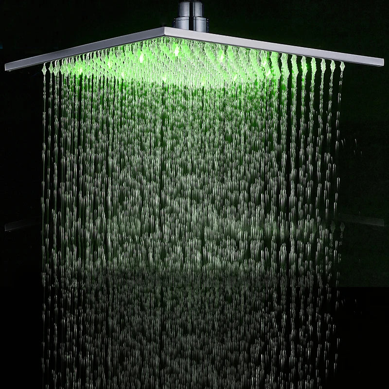 16" Large Black Rainfall Shower Head, Square, Brass, Color Changing