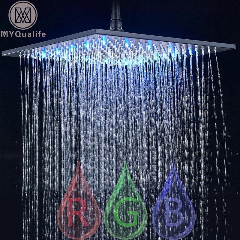 16" Large Black Rainfall Shower Head, Square, Brass, Color Changing