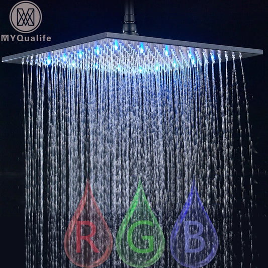 16" Large Black Rainfall Shower Head, Square, Brass, Color Changing