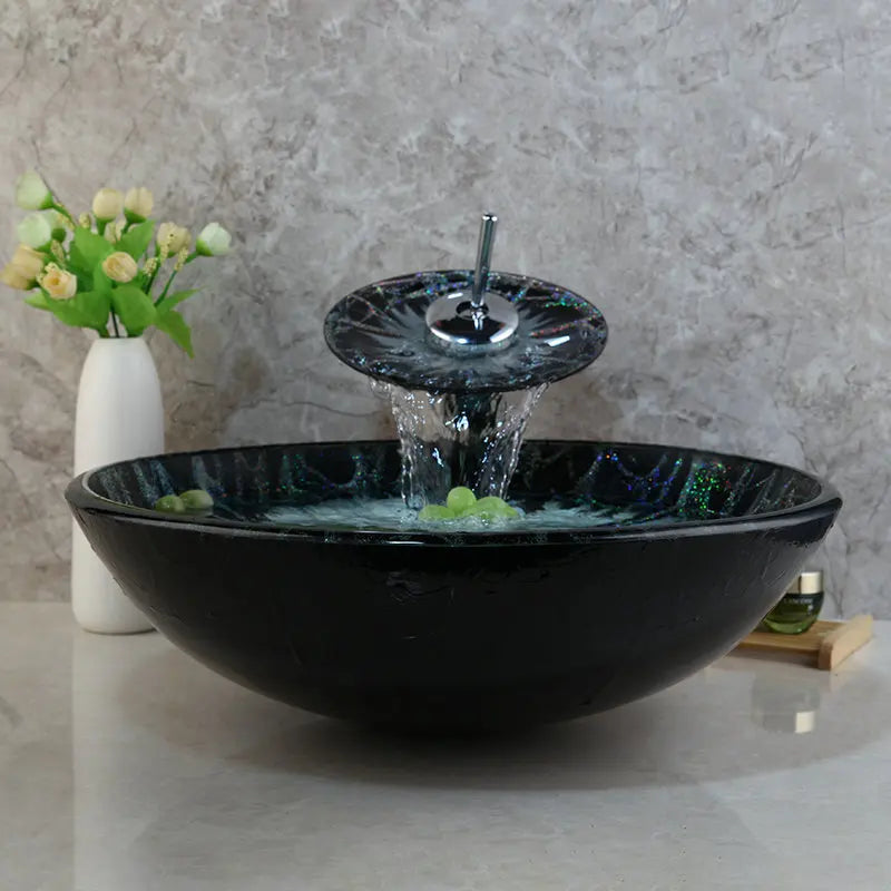 Hand-Painted Tempered Glass Round Bathroom Sink, Brass Set Faucet