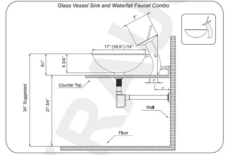 Square Glass Bathroom Sink, Waterfall Faucet