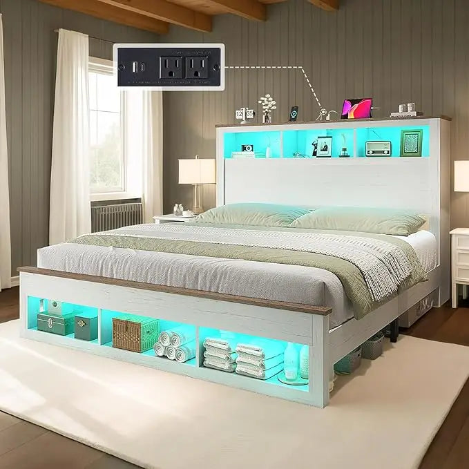 Queen Size Bed, Bookcase Storage Headboard & Footboard, LED Platform Bed Frame, Charging Station