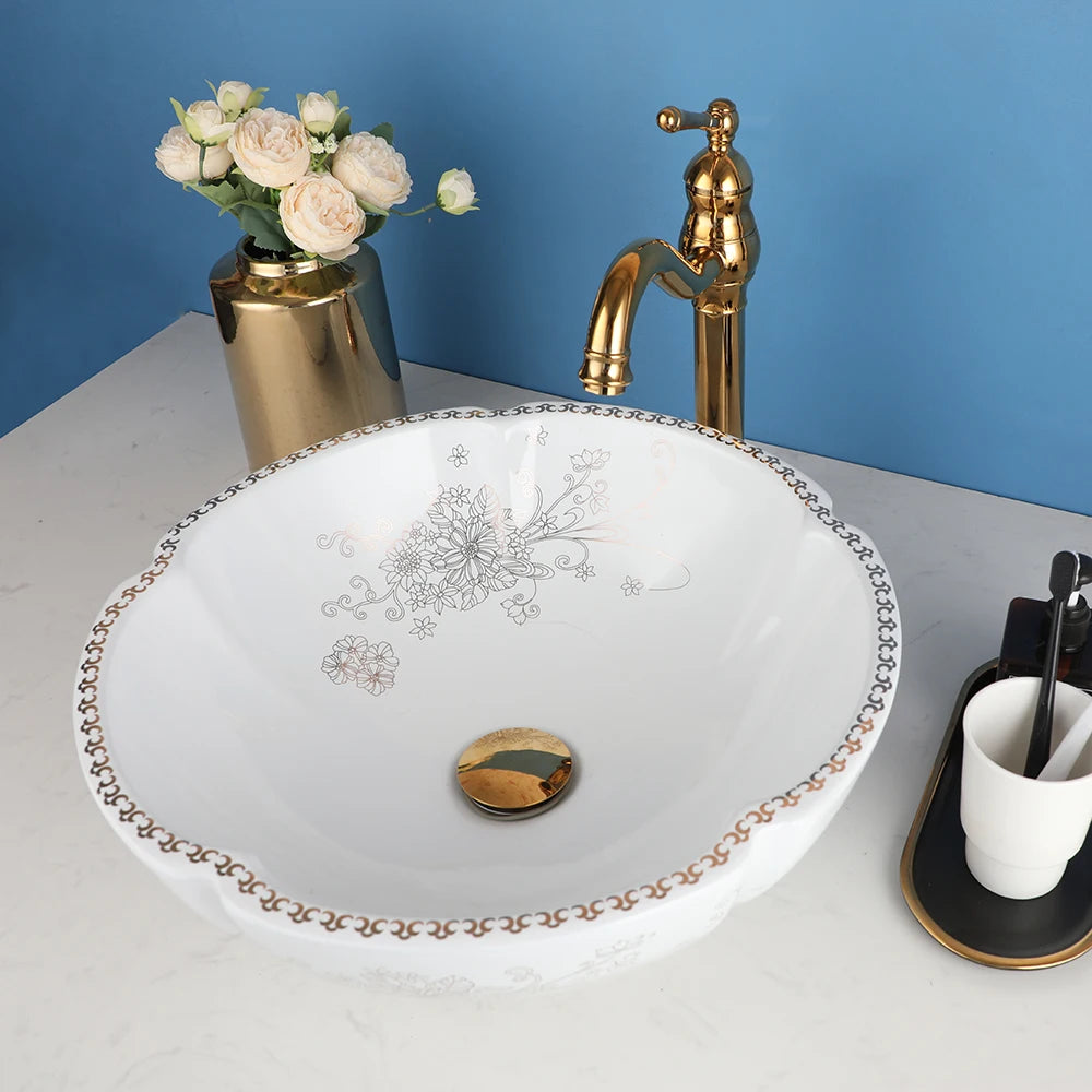 Porcelain Ceramic Sink, Above Counter, Flower Bird Pattern