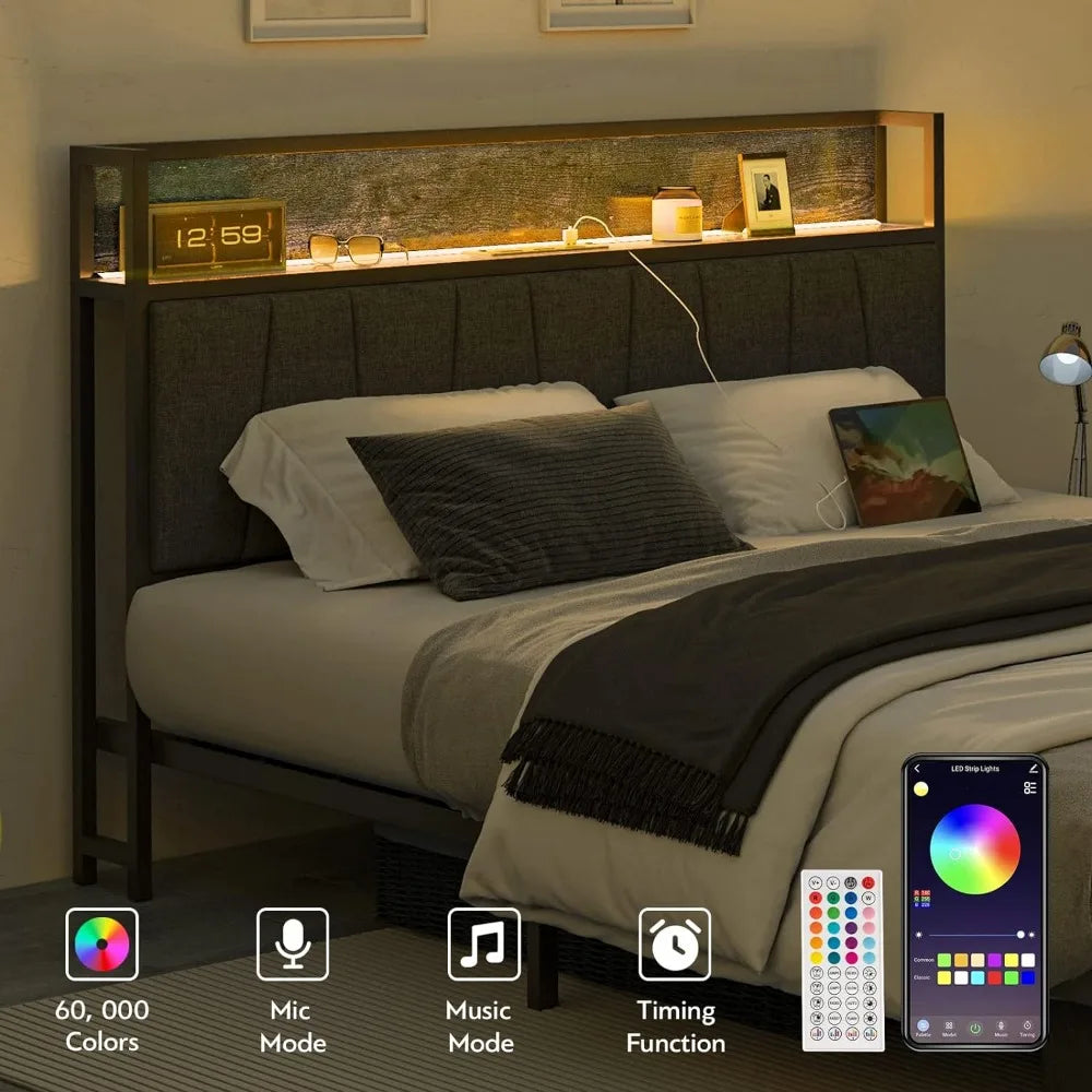 Queen Size Bed, Drawers, Platform Bed Frame, Charging Station, LED Bed