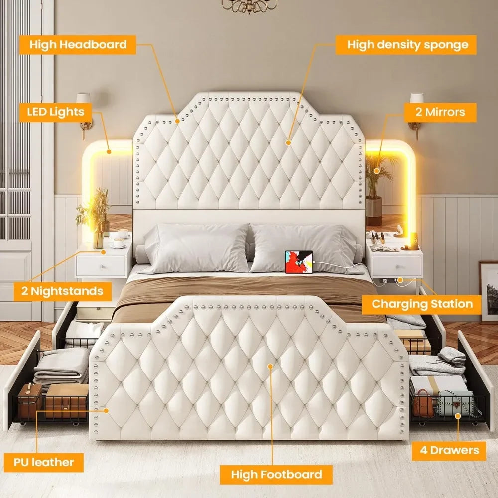 Queen Bed Frame, Headboard, 4 Storage Drawers, Leather Upholstery, Charging Station, LED Lights, 2 Bedside Tables