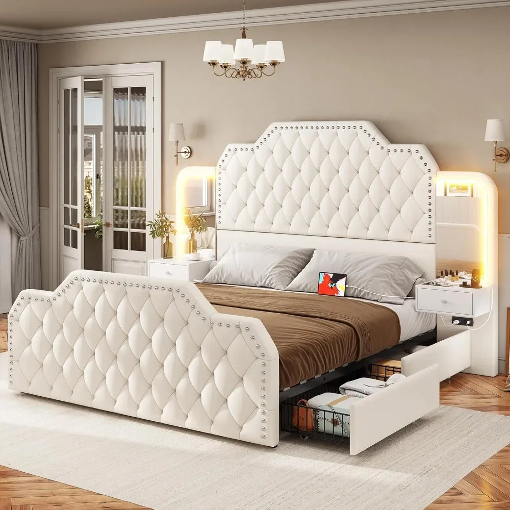 Queen Bed Frame, Headboard, 4 Storage Drawers, Leather Upholstery, Charging Station, LED Lights, 2 Bedside Tables