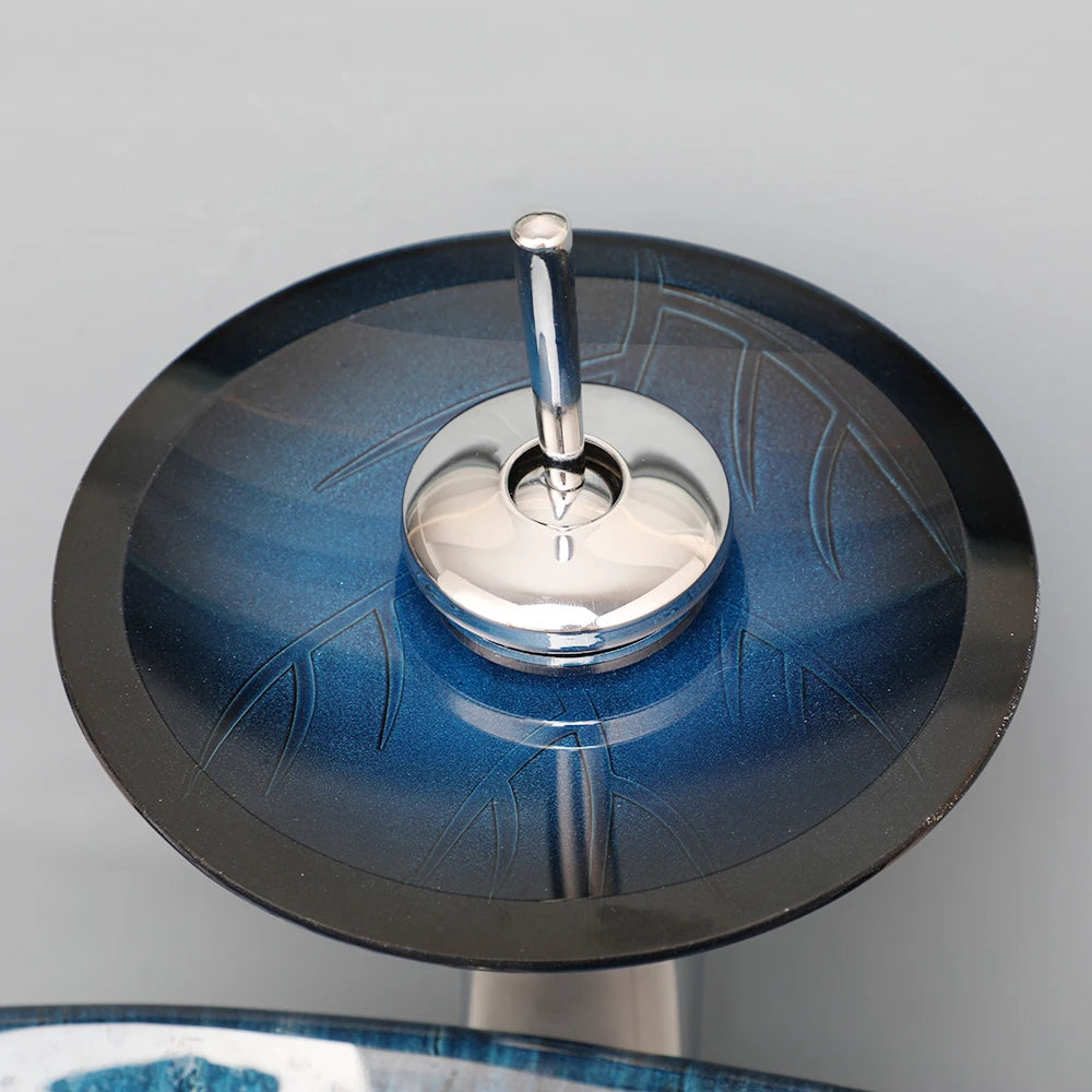 Oval Sink, Waterfall Faucet, Tempered Glass, Above Counter
