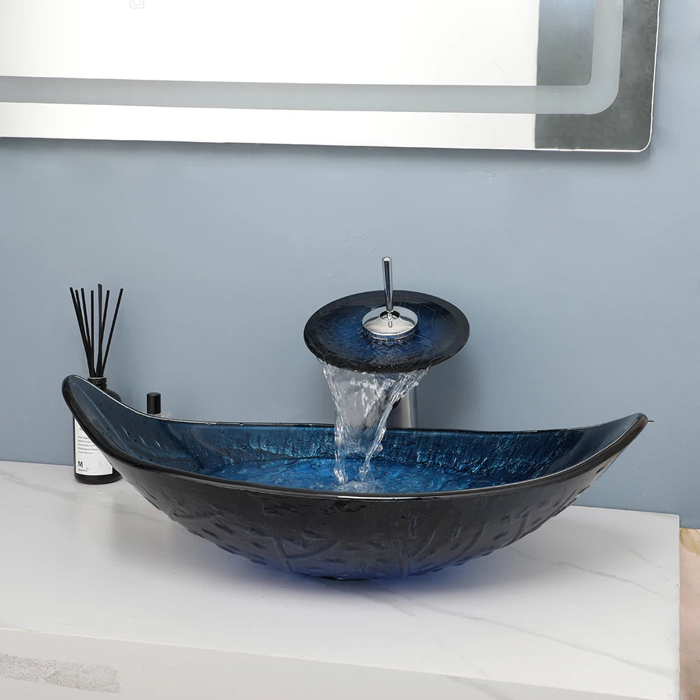 Oval Sink, Waterfall Faucet, Tempered Glass, Above Counter