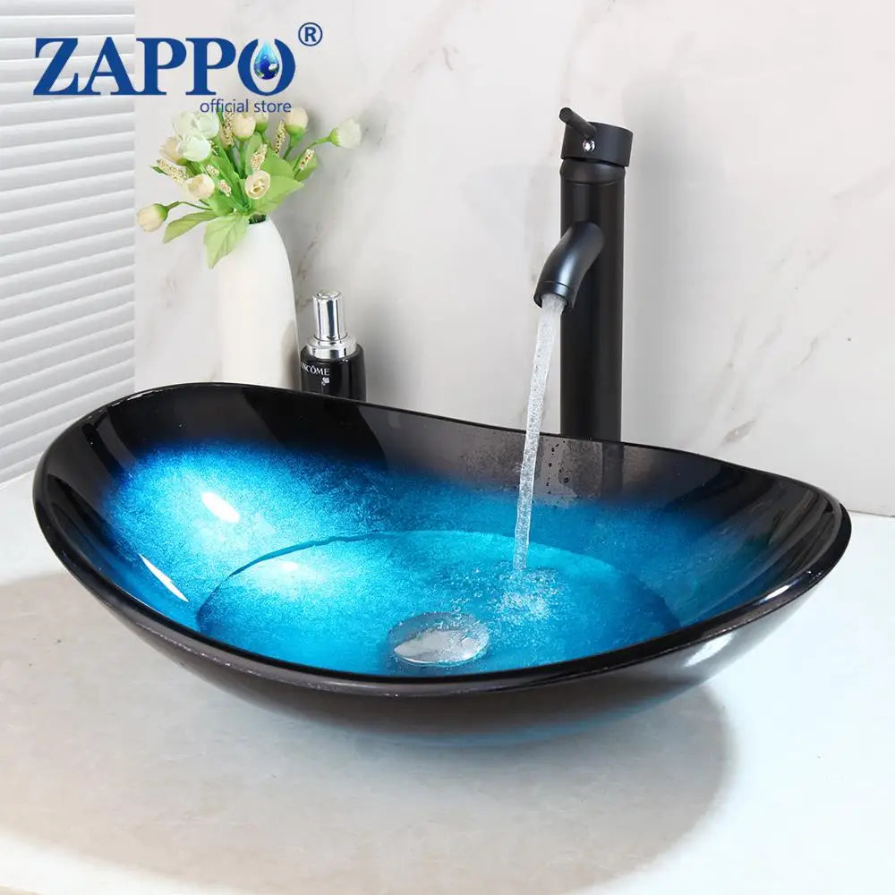 Oval Blue Tempered Glass Sink, Waterfall Black Faucet Tap, Above Counter Basin