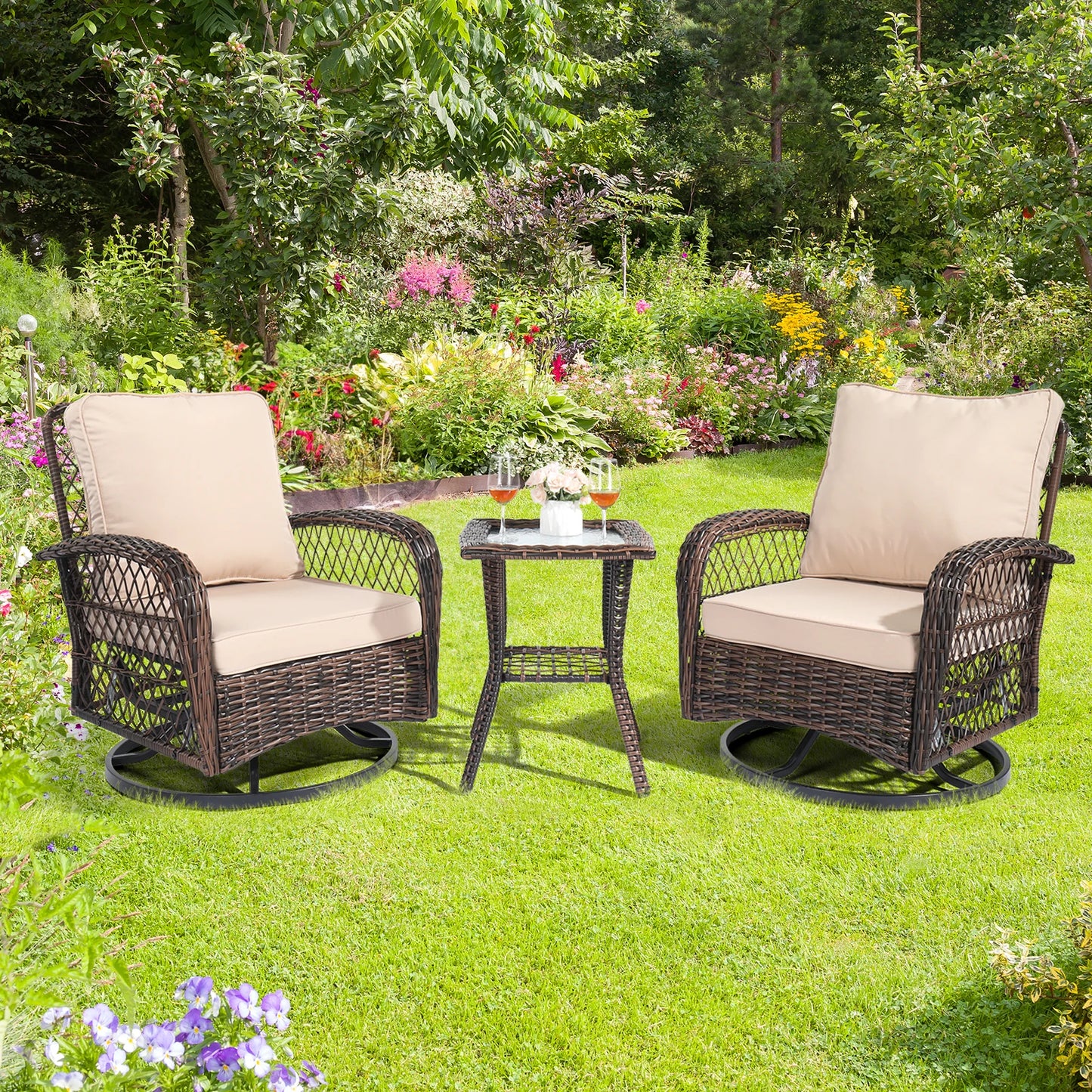 3 Pieces Patio Furniture Set, Outdoor, Swivel Gliders, Rocker, Wicker