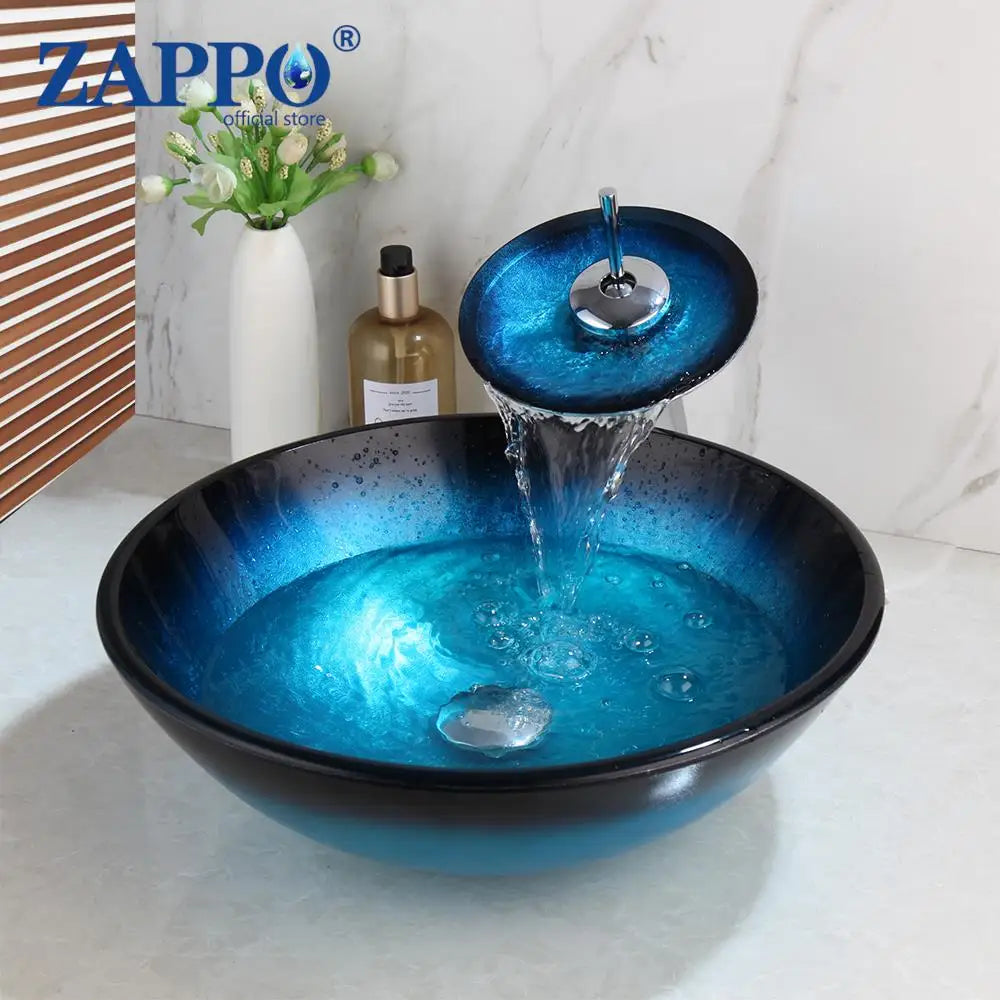 Oval Blue Tempered Glass Sink, Waterfall Black Faucet Tap, Above Counter Basin
