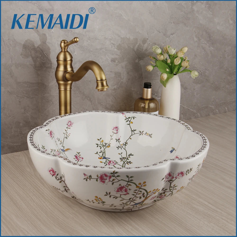 Porcelain Ceramic Sink, Above Counter, Flower Bird Pattern