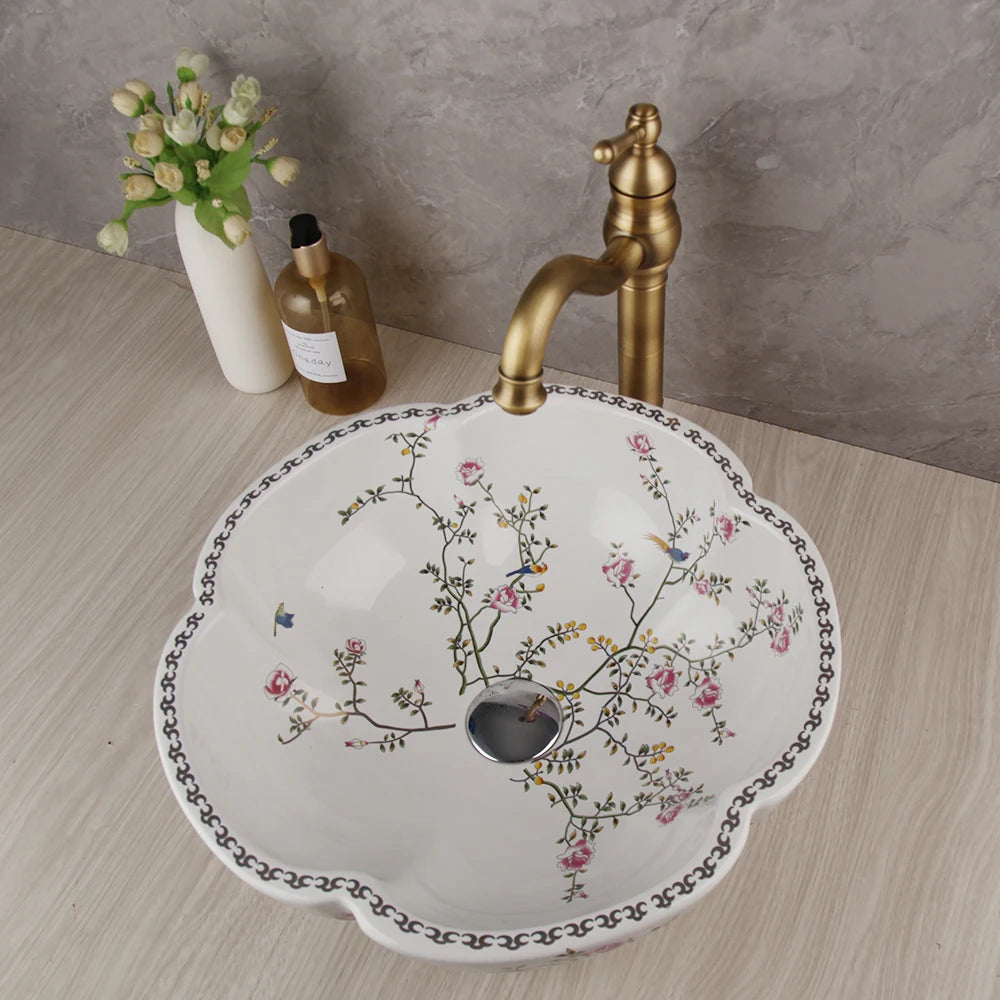 Porcelain Ceramic Sink, Above Counter, Flower Bird Pattern