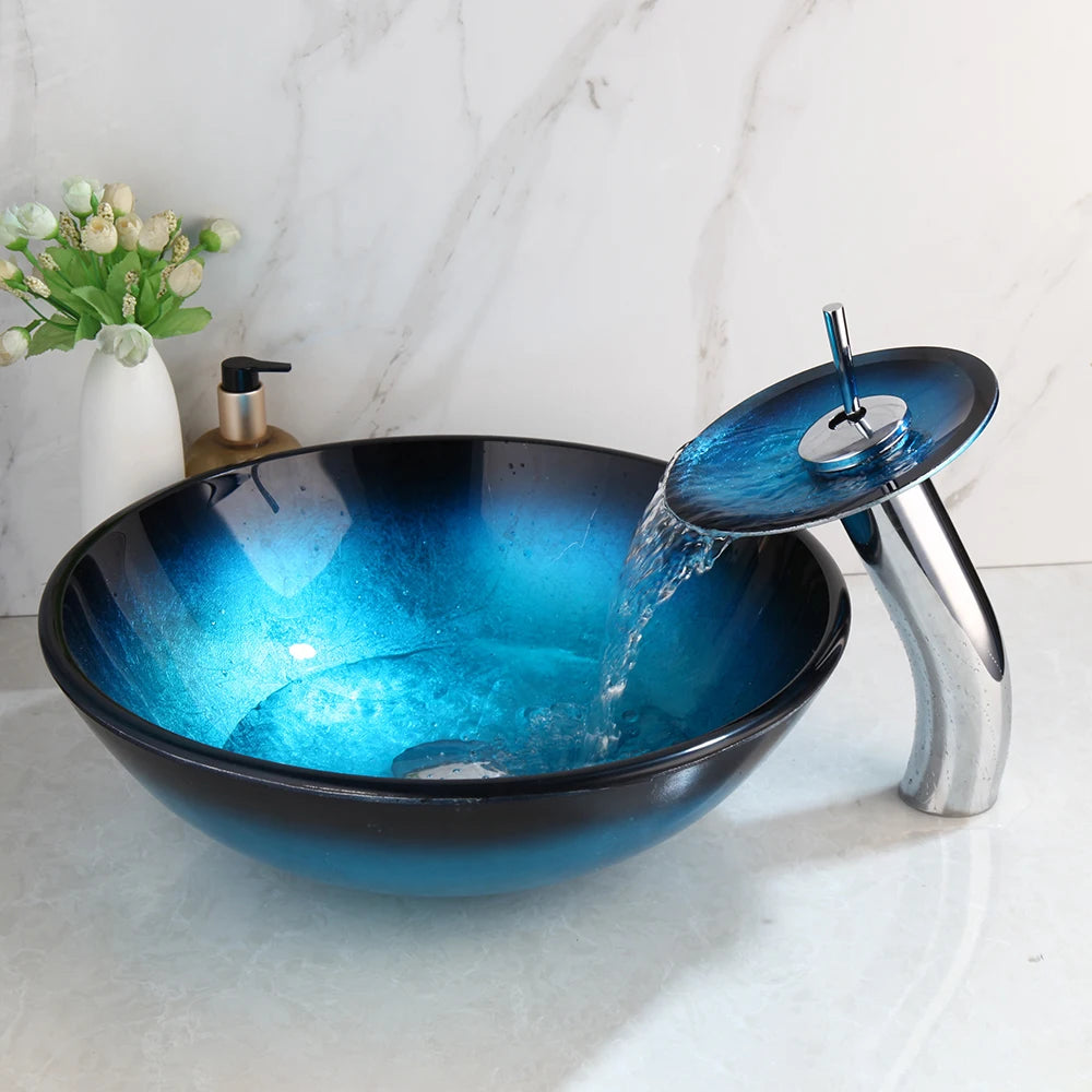 Oval Blue Tempered Glass Sink, Waterfall Black Faucet Tap, Above Counter Basin