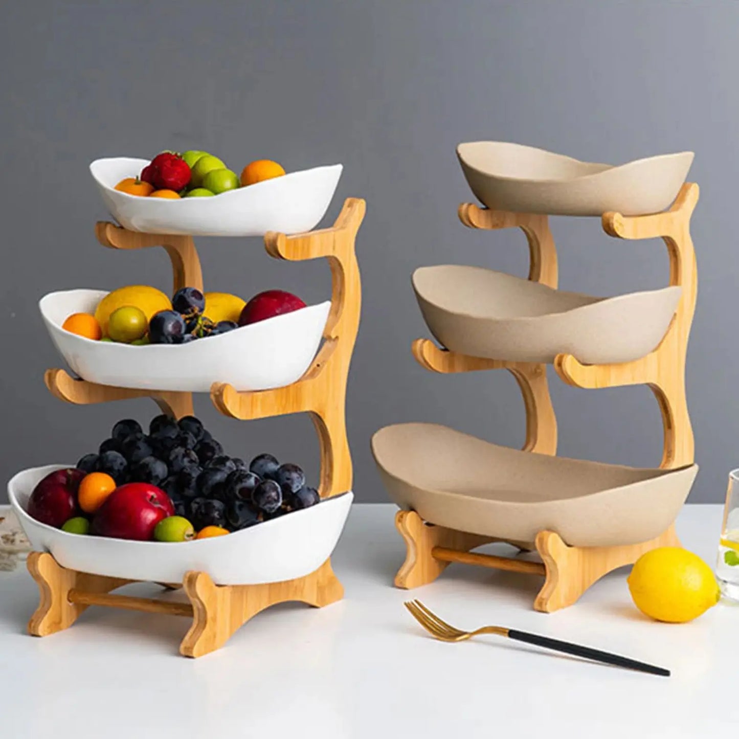 3 Ceramic Bowls Wooden Frame Bowl Holder Organizer