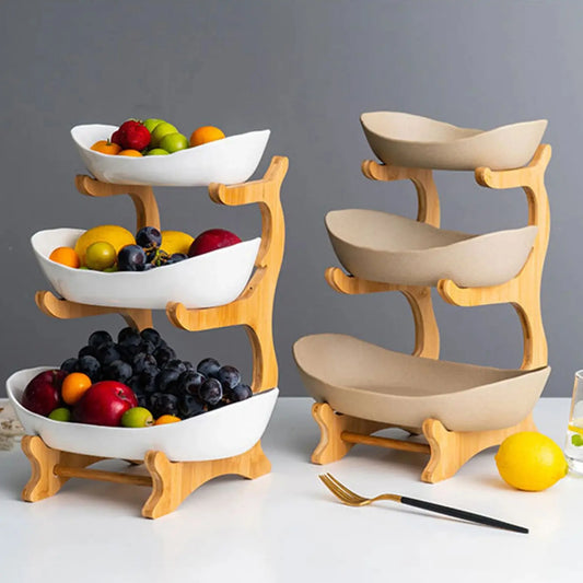 3 Ceramic Bowls Wooden Frame  Bowl Holder  Organizer