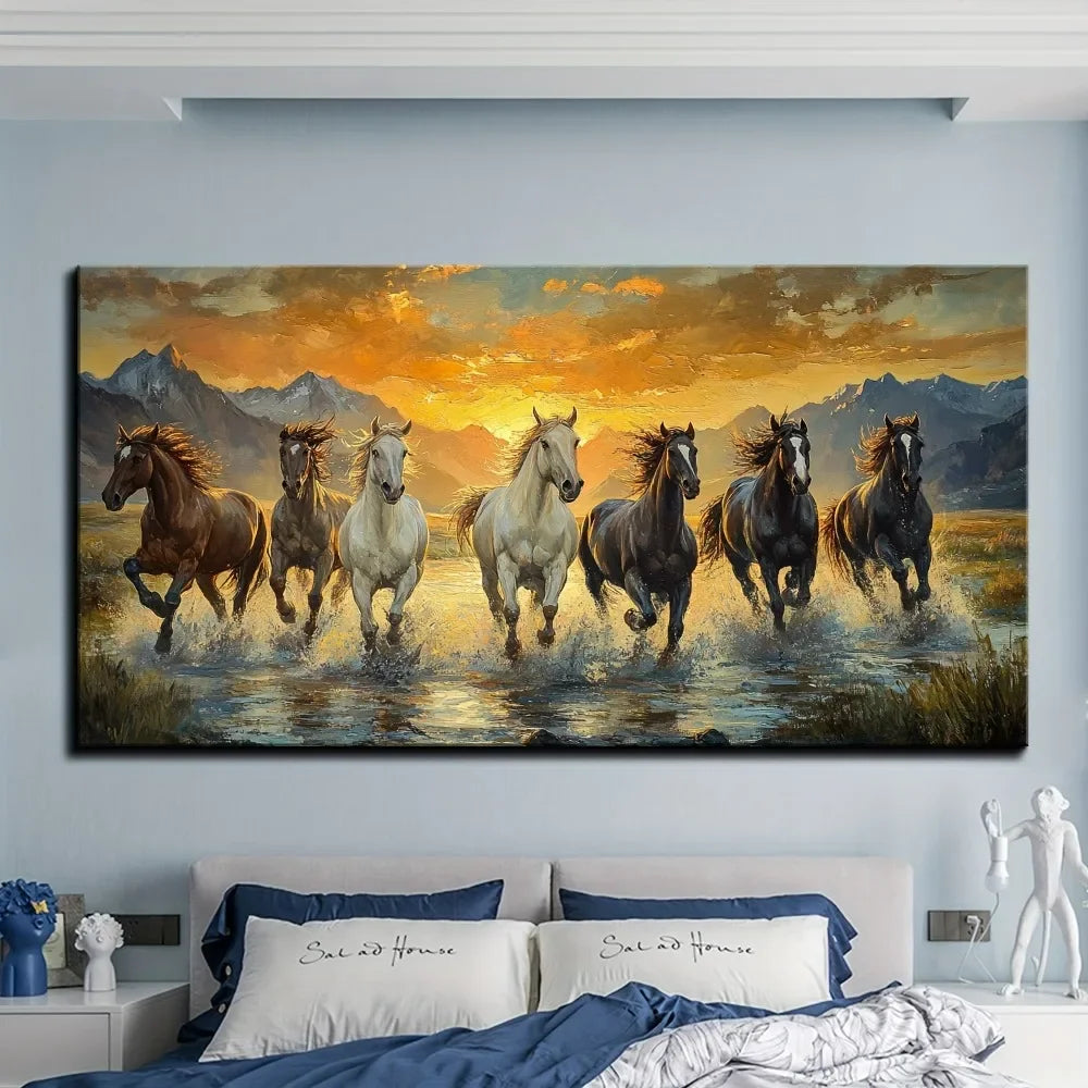 Elegant Seven Horse Canvas Wall Art, Pine Frame, Waterproof, 1.5 inch thick Pine Frame