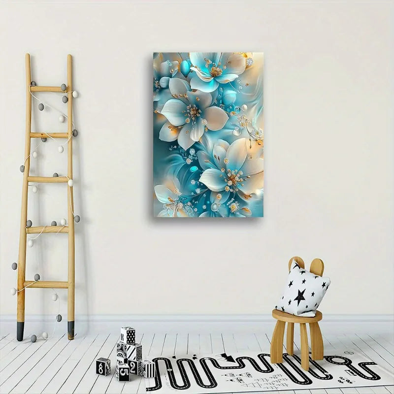 Blue & White Flowers Oil Painting, Framed, Gold Accents