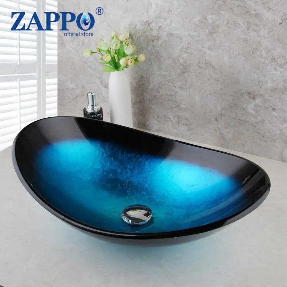 Oval Blue Tempered Glass Sink, Waterfall Black Faucet Tap, Above Counter Basin