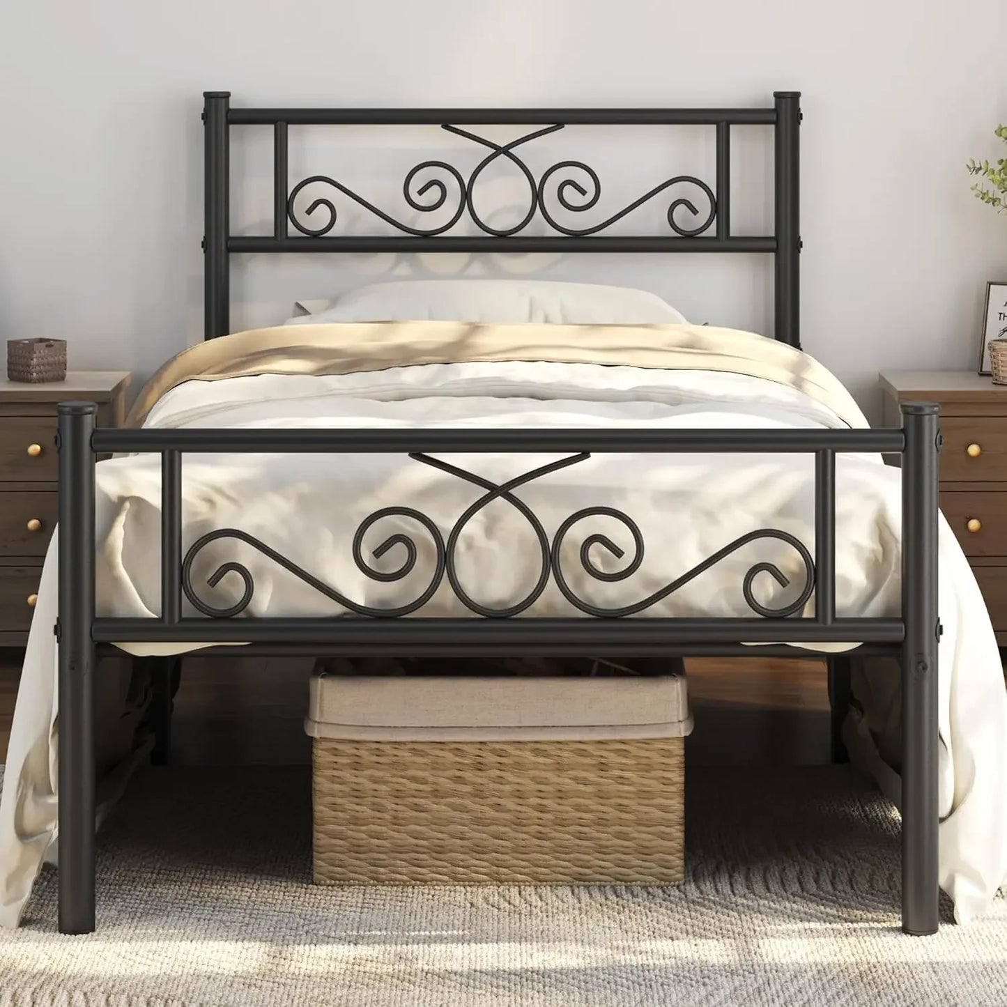 Twin Bed Frame, Metal Platform Bed, Headboard, Footboard, No Box Spring Needed