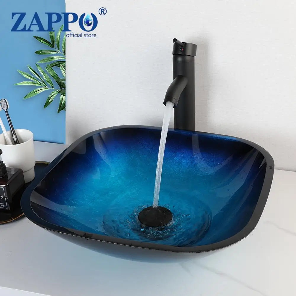 Oval Blue Tempered Glass Sink, Waterfall Black Faucet Tap, Above Counter Basin