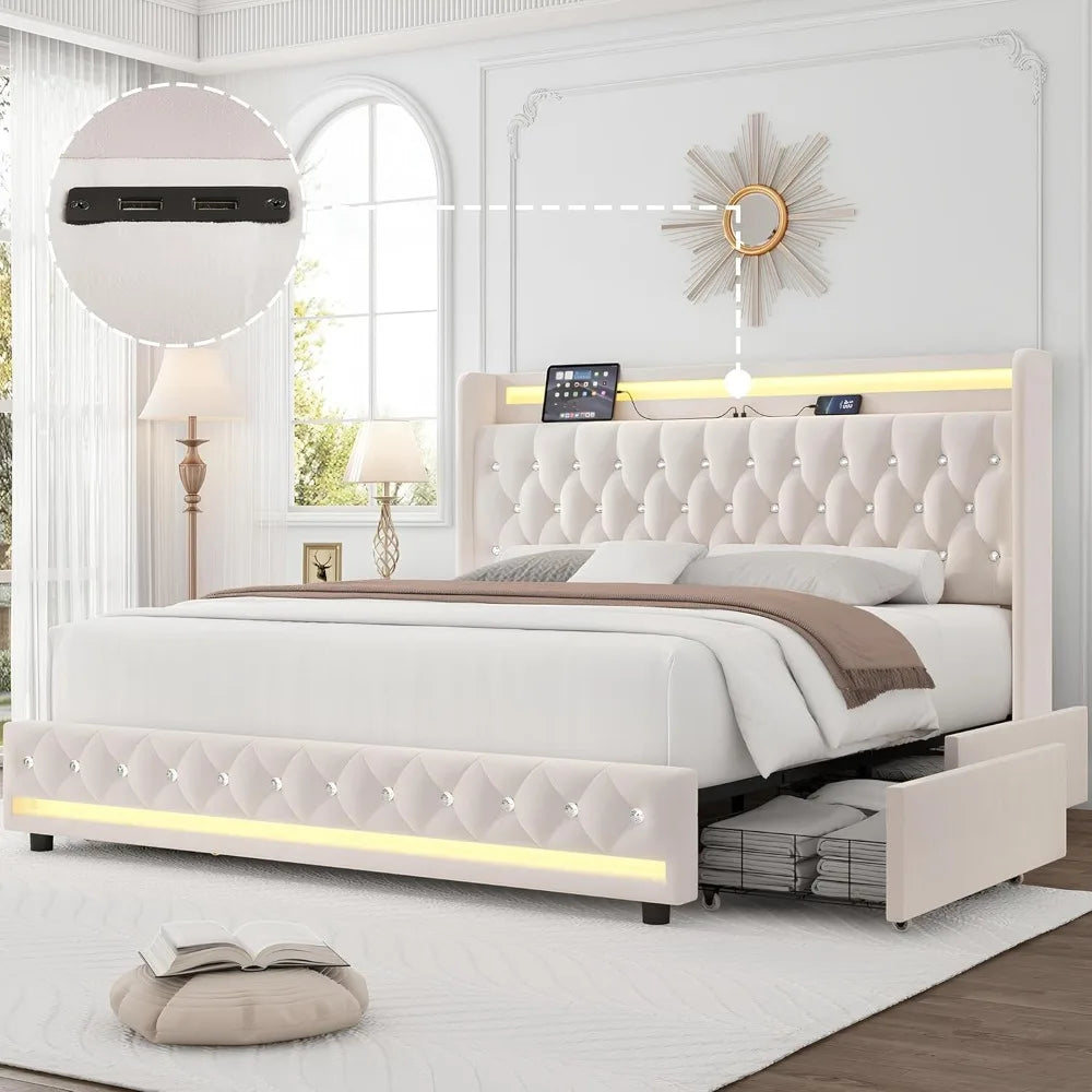 Velvet Upholstered KIng Bed, Charging Station, 4 Storage Drawers, Platform, Metal Frame