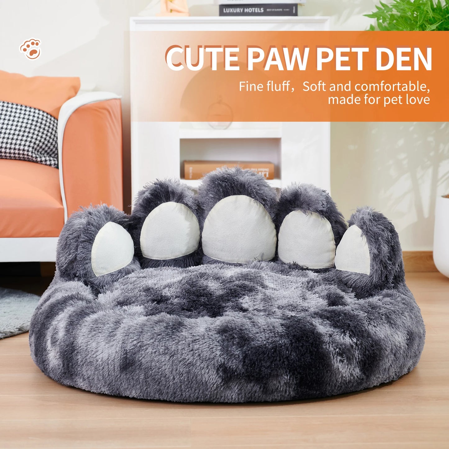 Comfy Pet Dog Or Cat Bed, Paw Shape, Warm, Brown Or Grey, 4 Sizes