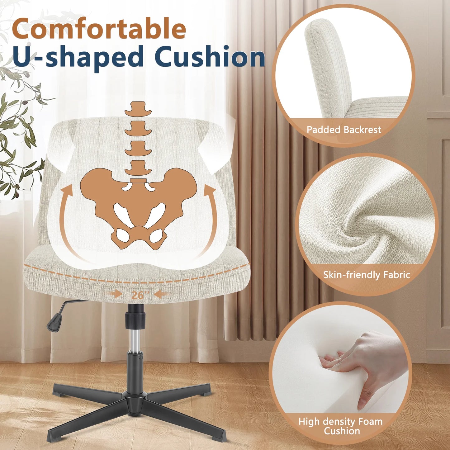 Office Chair, Armless, Wide, Dual-Purpose Base, Adjustable, Swivel, Fabric