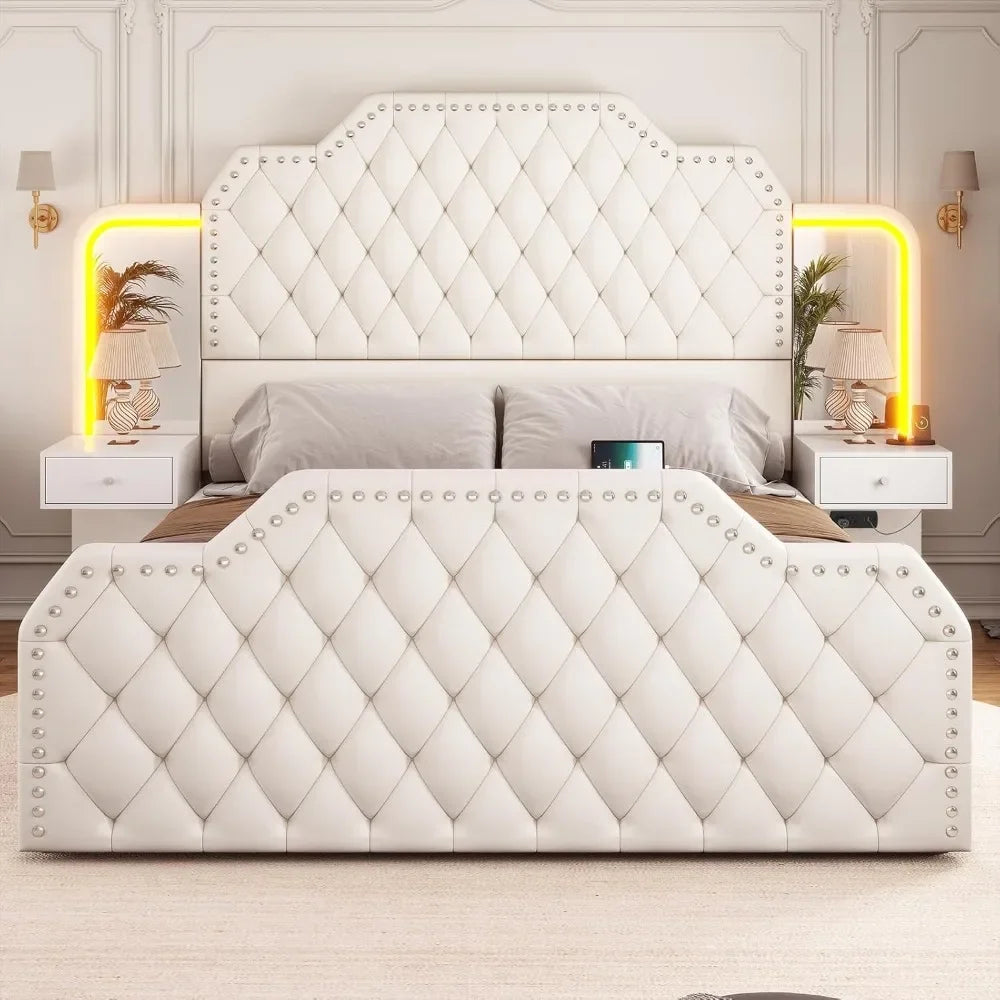 Queen Bed Frame, Headboard, 4 Storage Drawers, Leather Upholstery, Charging Station, LED Lights, 2 Bedside Tables