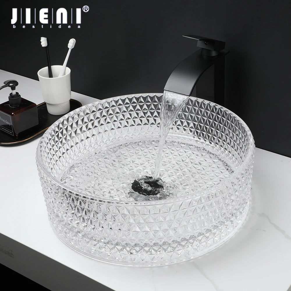 Thick Glass Bathroom Sink, Diamond Shaped Texture W/ Matte Black Faucet