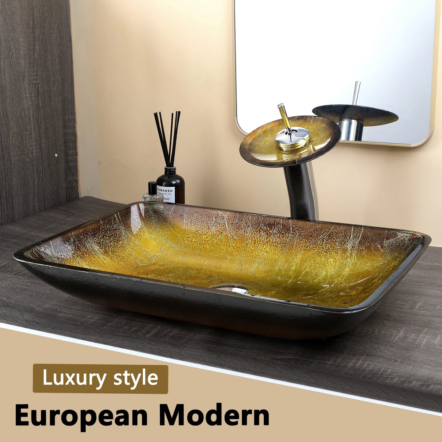 Square Glass Bathroom Sink, Waterfall Faucet