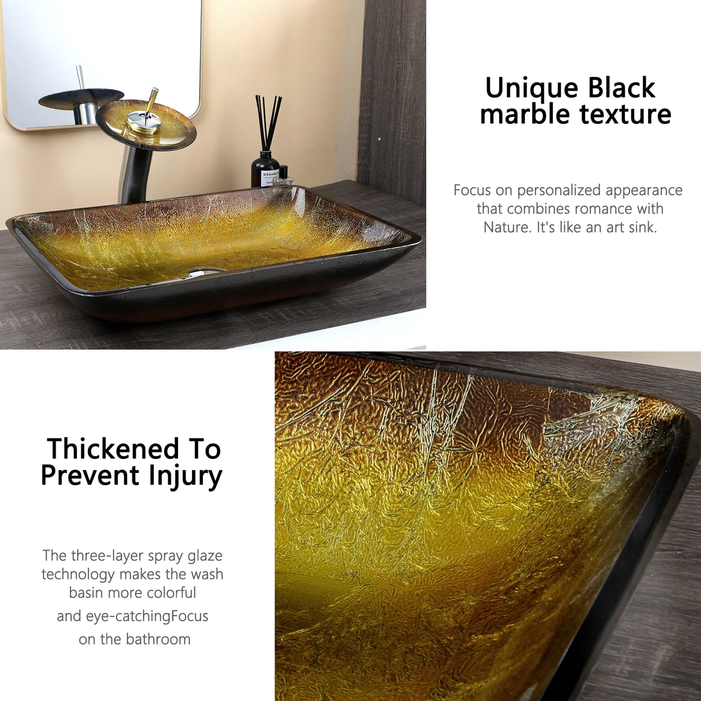 Square Glass Bathroom Sink, Waterfall Faucet
