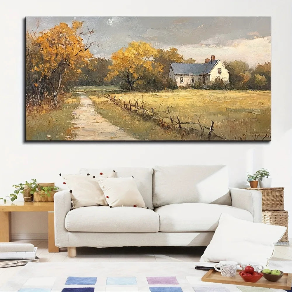 Solid Pine Wood Frame, Large, Natural Canvas Painting Of Farmhouse, 3 Sizes