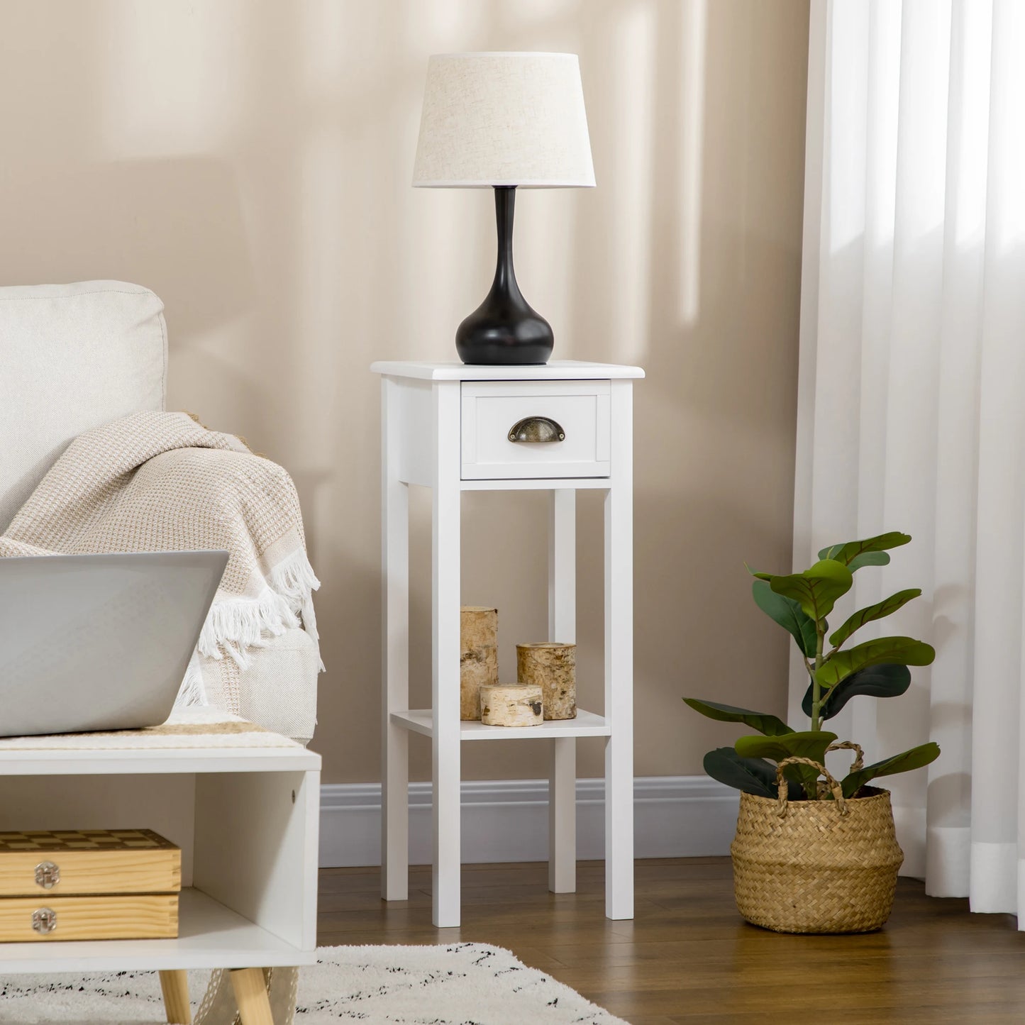 2-Tier End Side Table, Drawer, Shelf for Living Room or Office