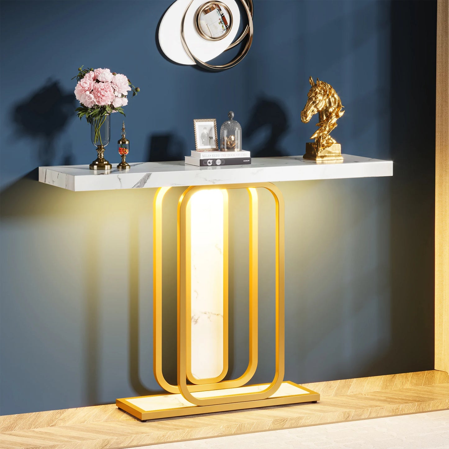 Gold White Entryway Table, LED Lights, Faux Marble, Veneer