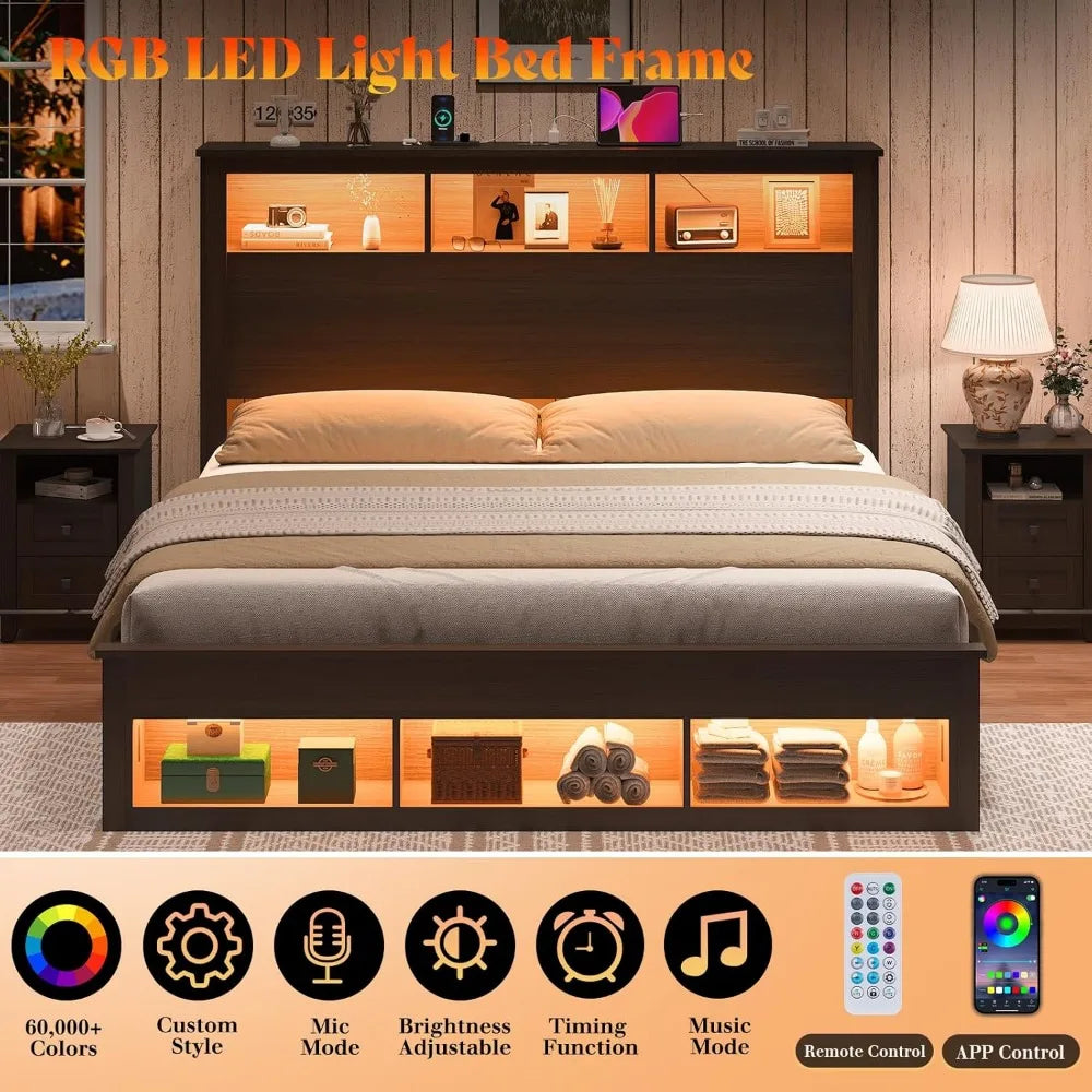 Queen Size Bed, Bookcase Storage Headboard & Footboard, LED Platform Bed Frame, Charging Station