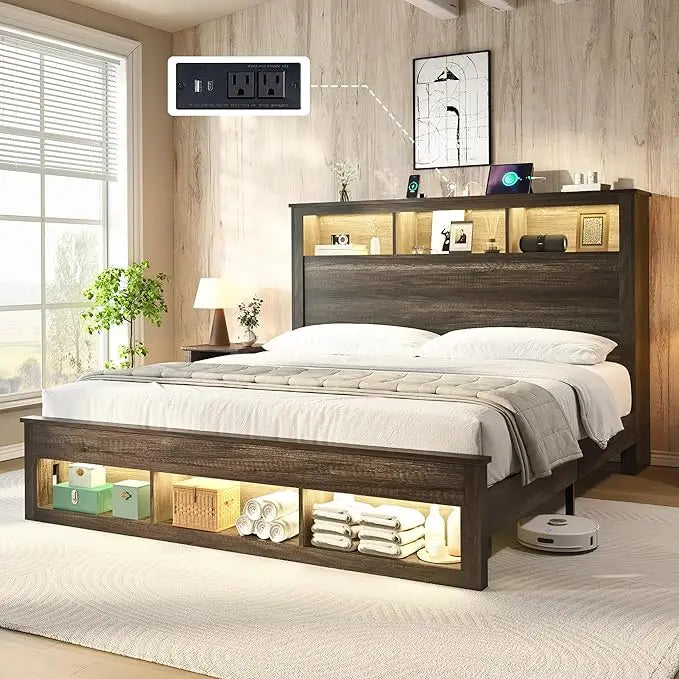 Queen Size Bed, Bookcase Storage Headboard & Footboard, LED Platform Bed Frame, Charging Station