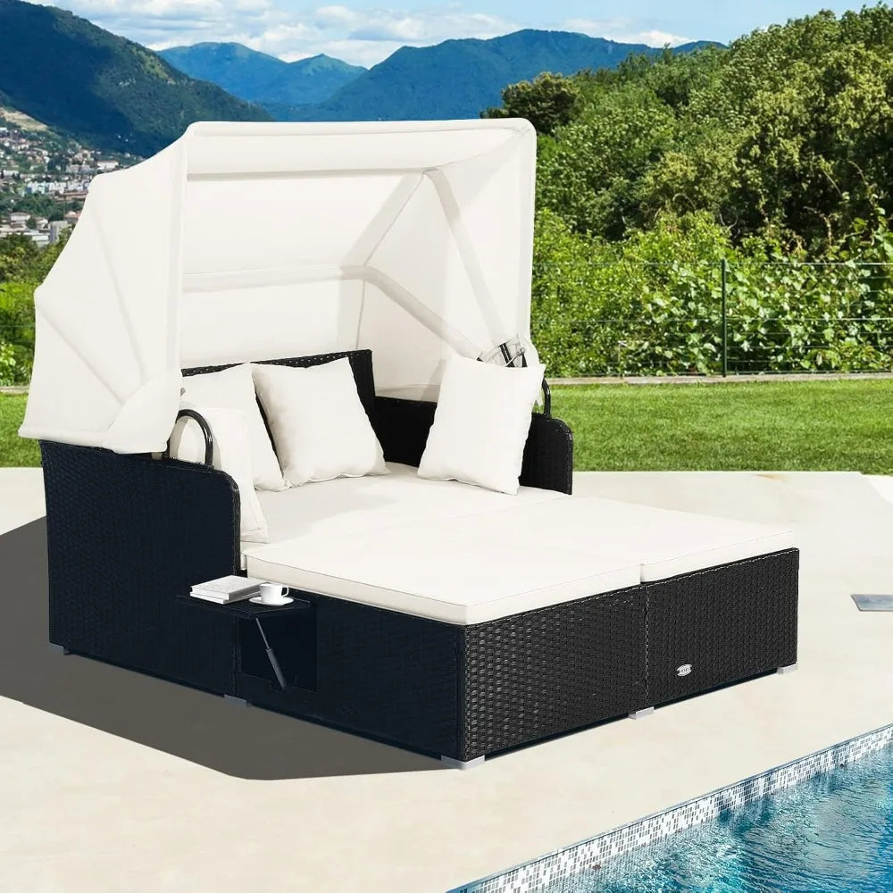 Patio Rattan Daybed, Wicker, Lounger, Retractable Canopy