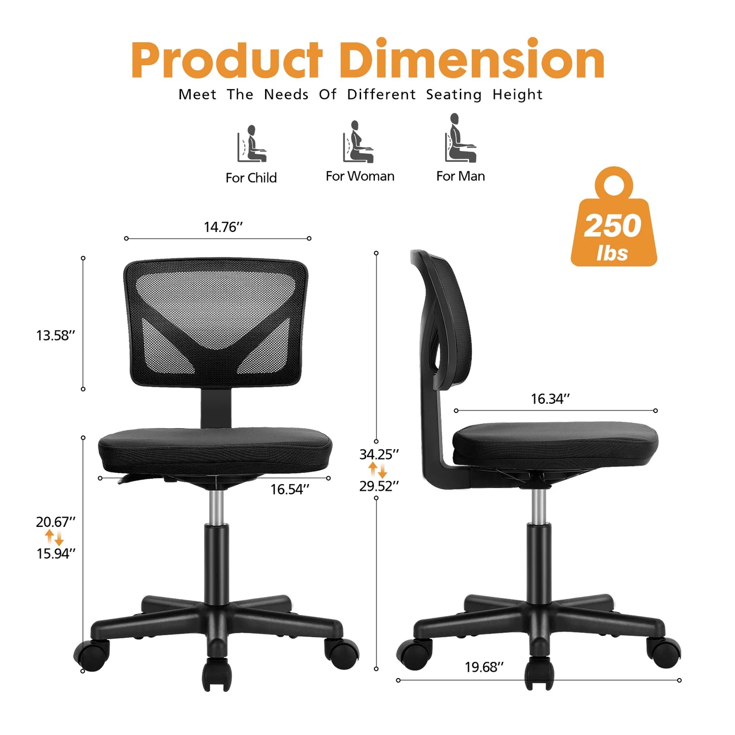 Armless Office Chair, Lumbar Support, Adjustable Height, Swivel
