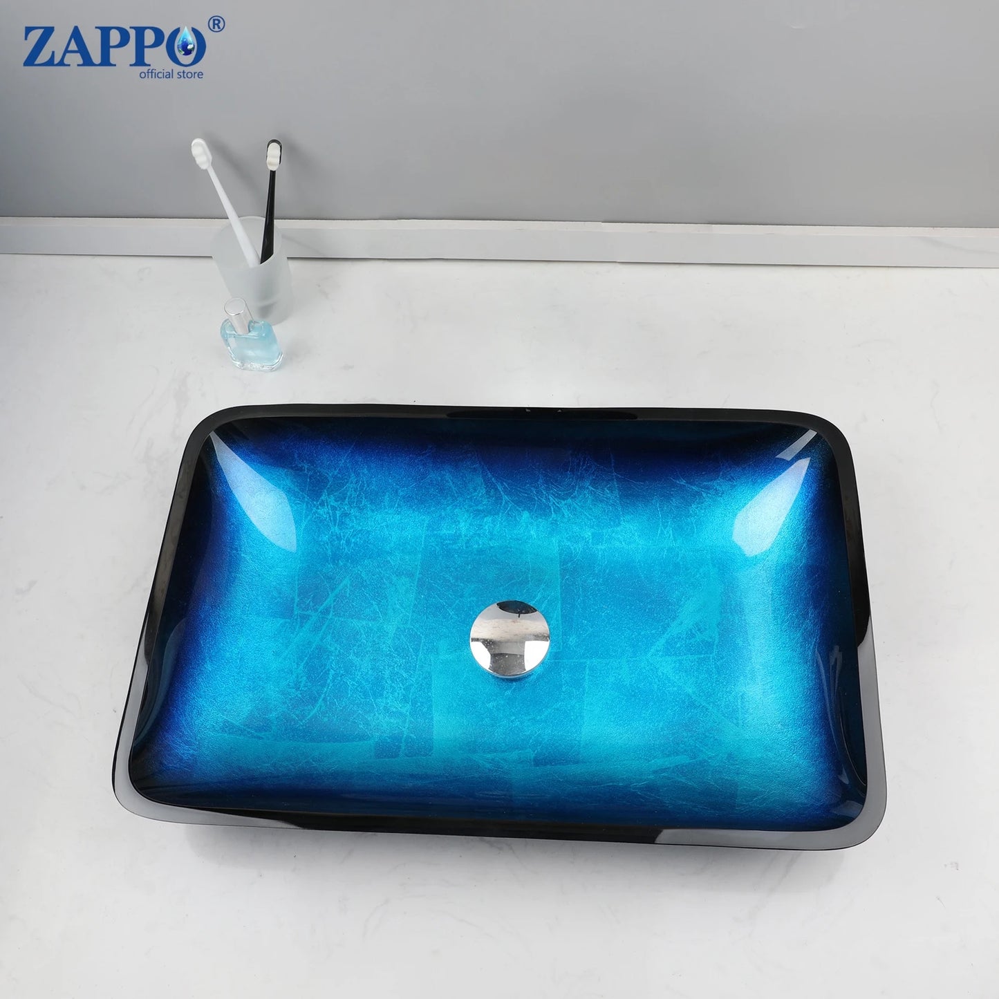 Oval Blue Tempered Glass Sink, Waterfall Black Faucet Tap, Above Counter Basin